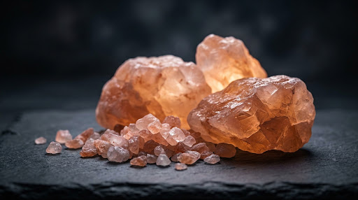Himalayan pink salt specimen illuminating warm amber and rose mineral luminescence